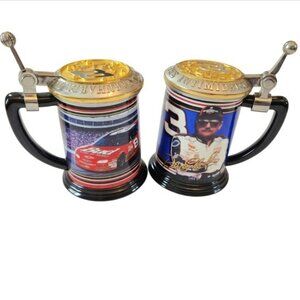 2 Vintage Nascar Tankards Racing Themed Beer Steins Lids Dale Earnhardt Jr Sr